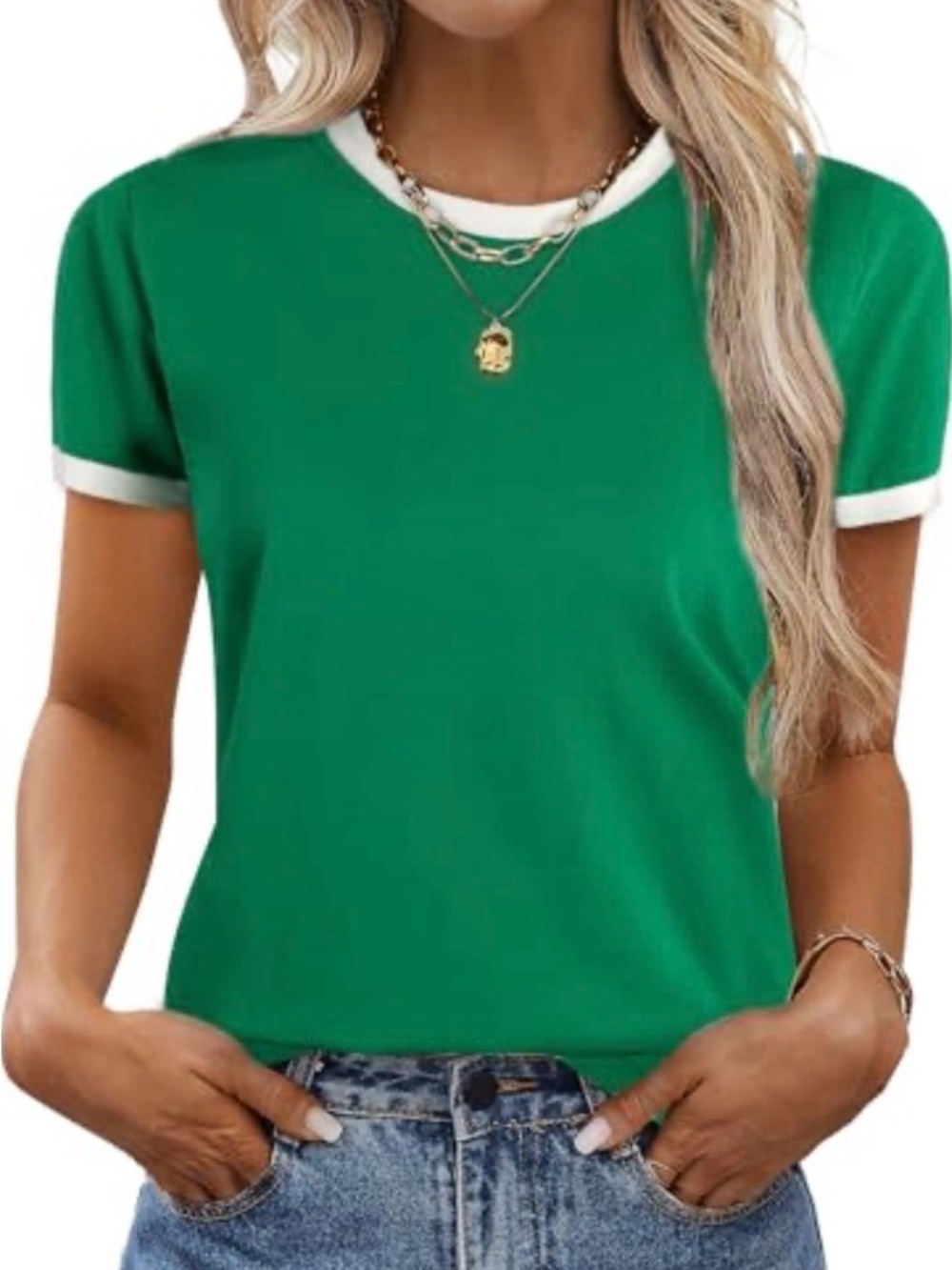 Universal Thread Green Short Sleeve Ringer Tee with White Trim